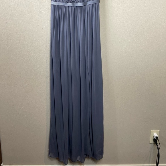 David's Bridal Long Bridesmaid Dress with Lace Bodice pewter, sz 2, F19328 - Picture 2 of 15